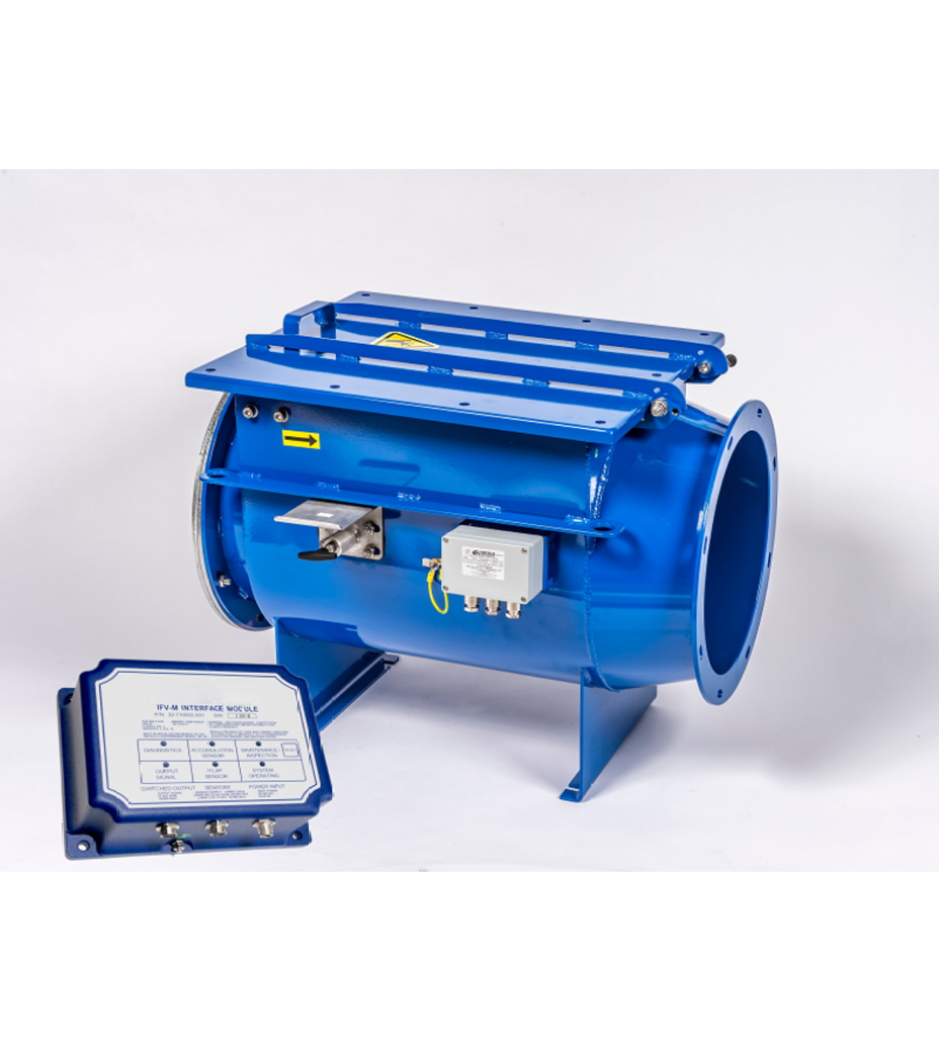 Blue industrial valve actuator with mounting rails and a detachable control box on a white background