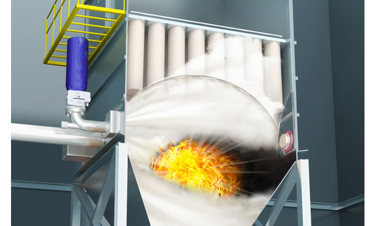 Industrial mixer/reactor with a flame burning inside the rotating drum; yellow access stairs and a blue safety component visible nearby.