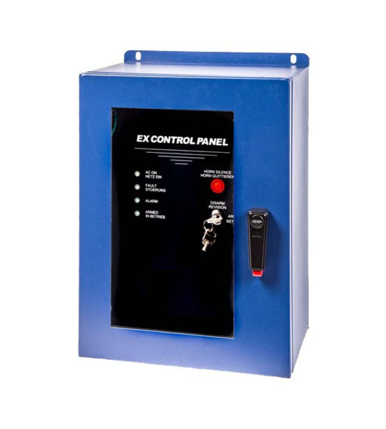 Blue industrial control panel cabinet with a black front panel reading 'EX CONTROL PANEL' and a red push button on the right side.