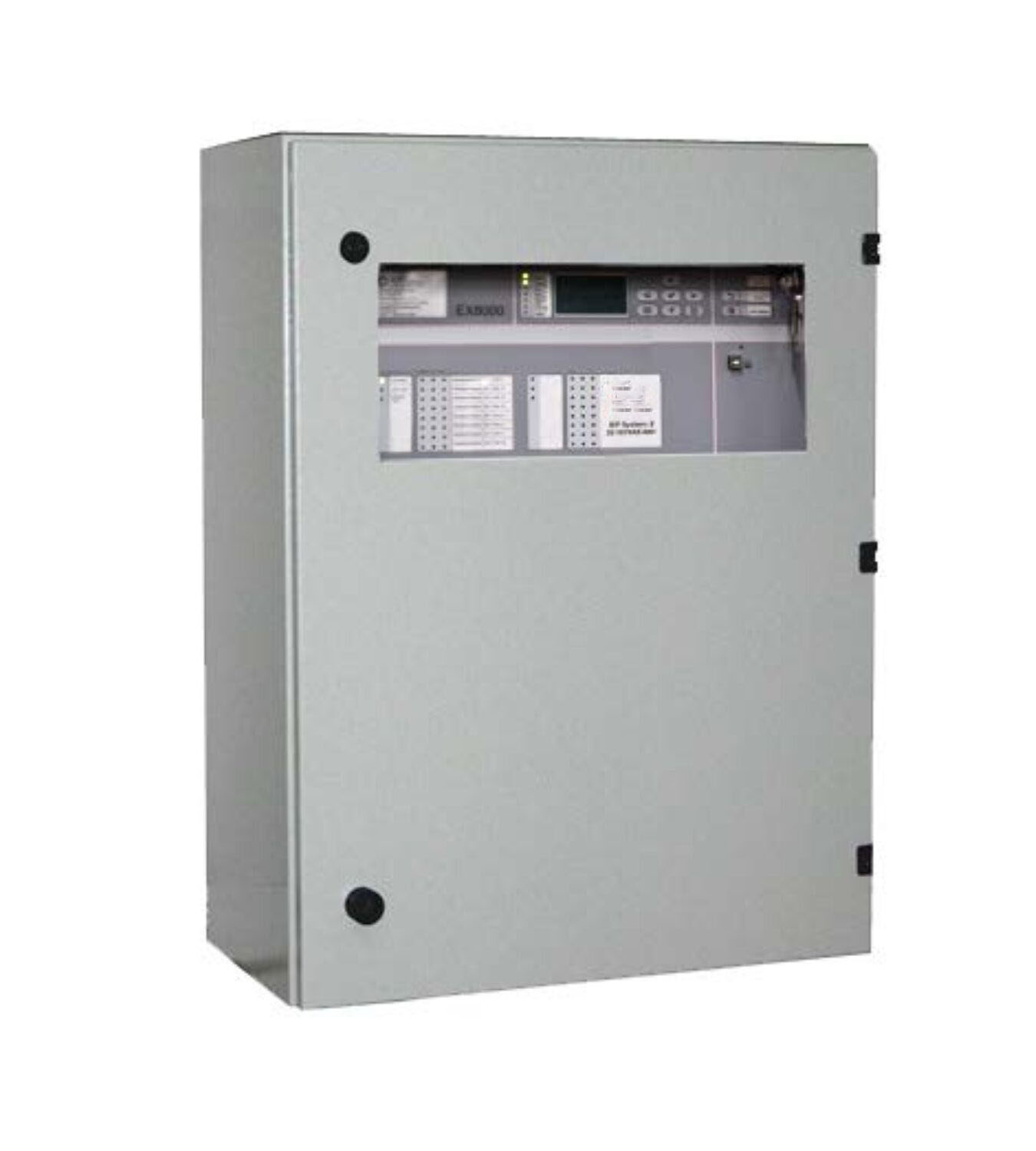 Gray metal electrical distribution cabinet with a viewing window showing circuit breakers inside