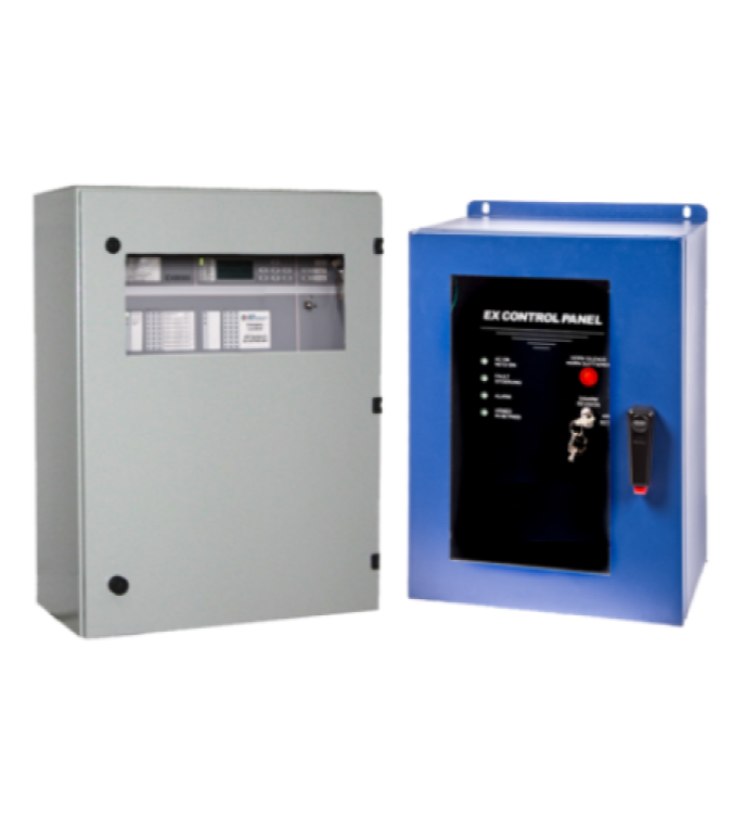Two electrical control panels side by side: a gray distribution box and a blue EX control panel with a key switch and red button.