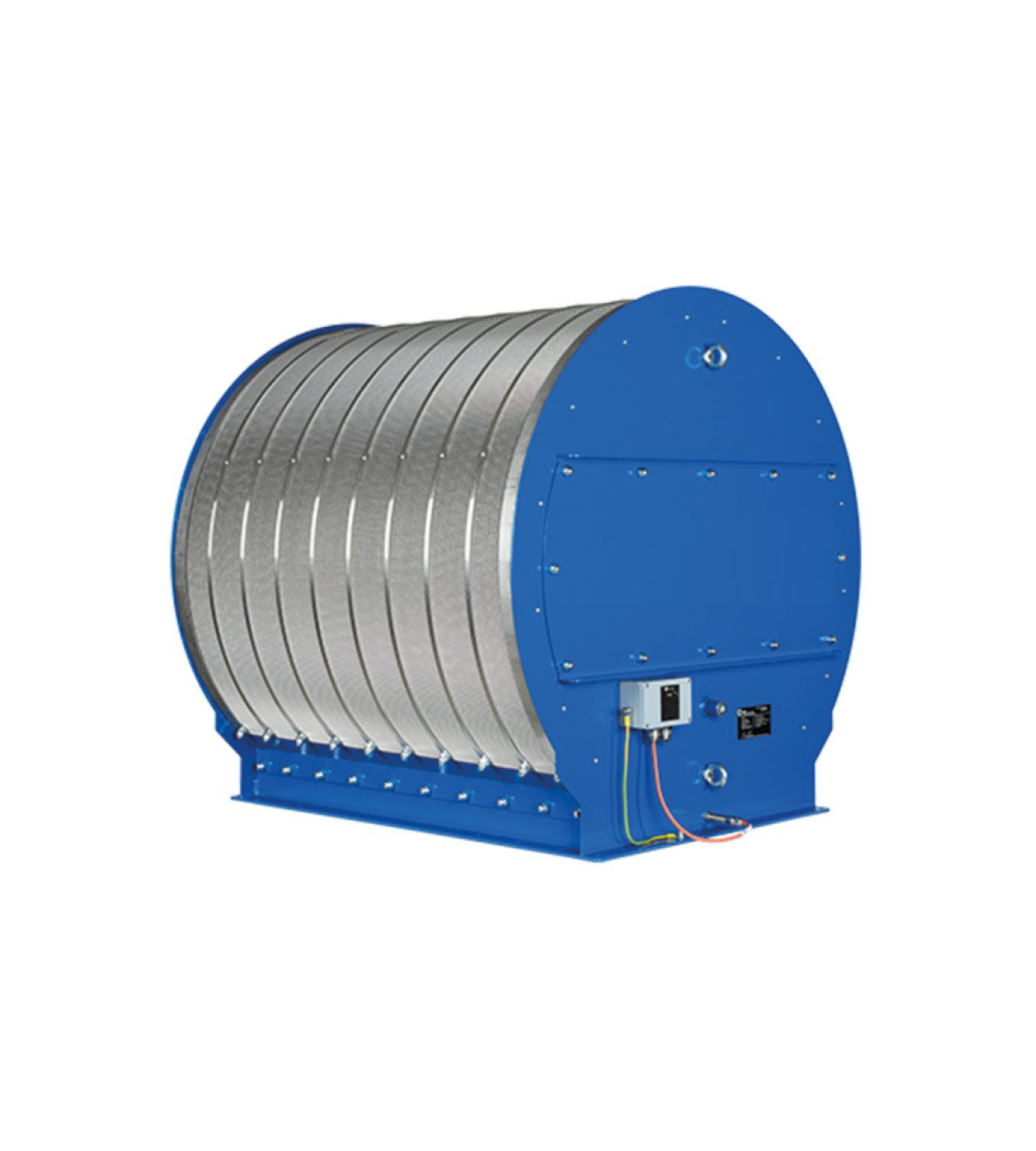 Industrial rotary drum dryer with a blue end cap and metal shell on a base frame.