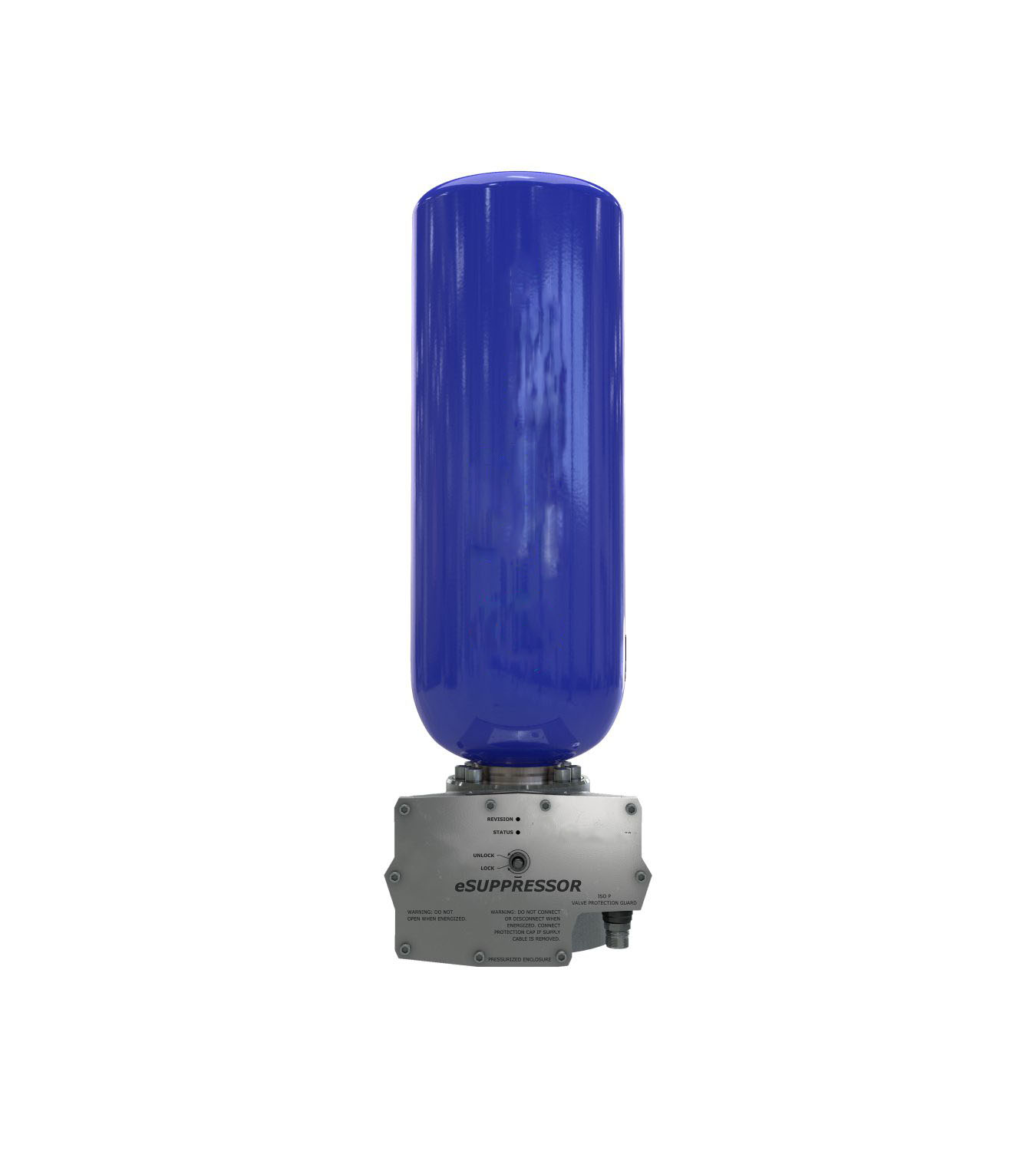 Blue vertical cylindrical tank mounted on a metallic control unit labeled 'eSUPPRESSOR' at the base.