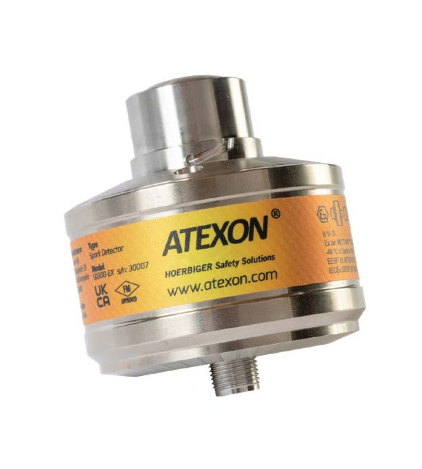 Metal cylindrical gas detector sensor with yellow label reading ATEXON and website www.atexon.com.