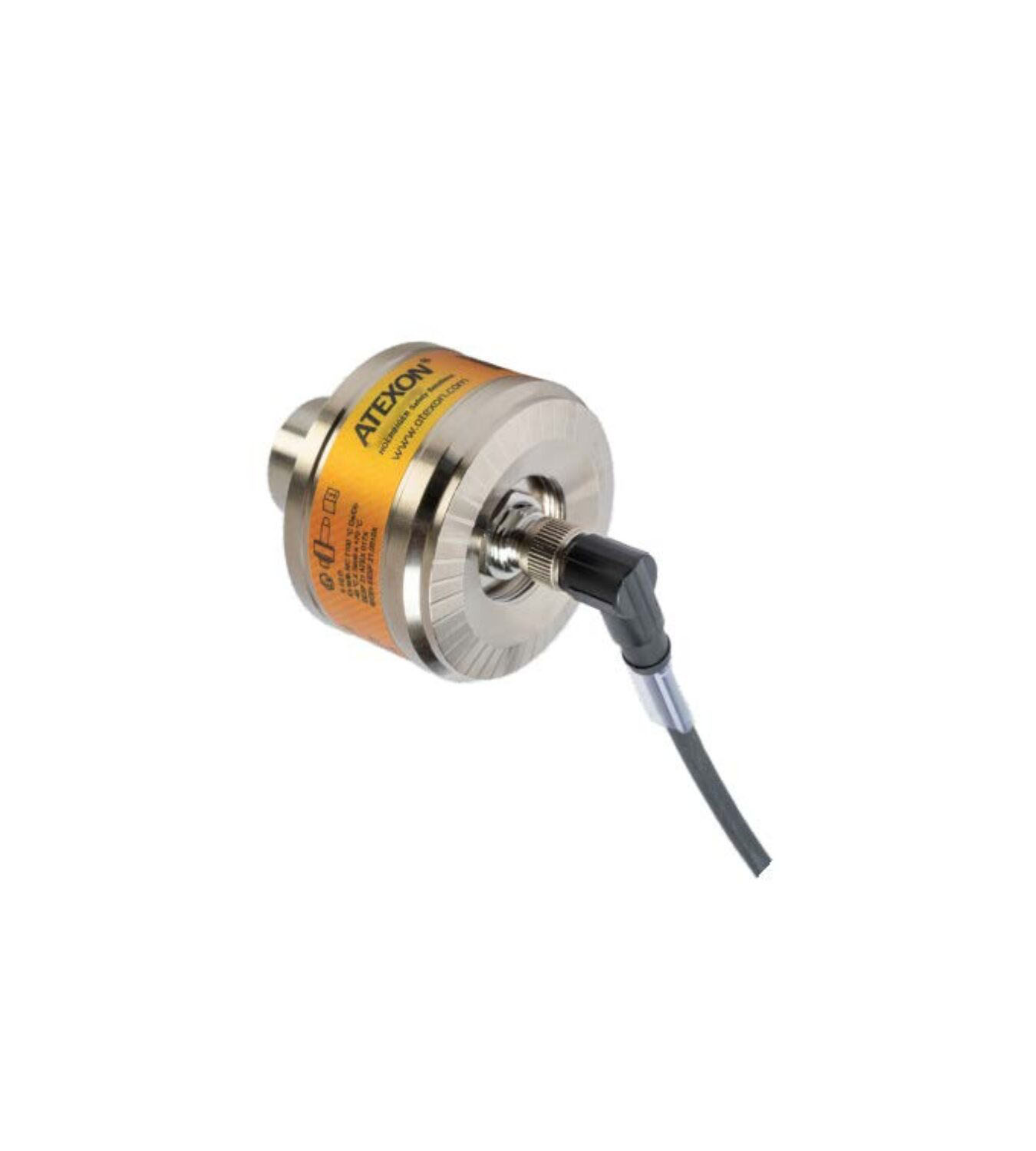 Rotary encoder-style sensor: a circular metal device with an orange label and a cable attached.