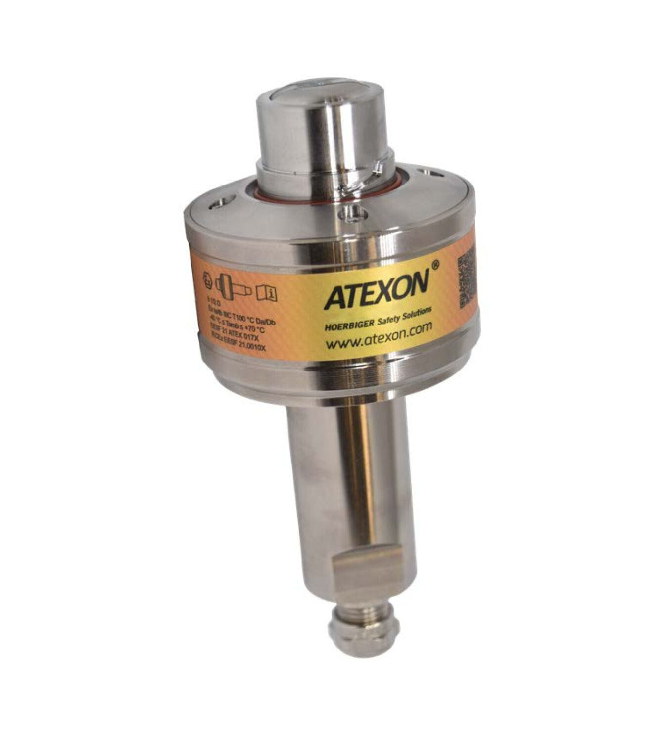 A chrome ATEXON torque sensor head mounted on a stainless steel shaft with an orange label showing the brand.