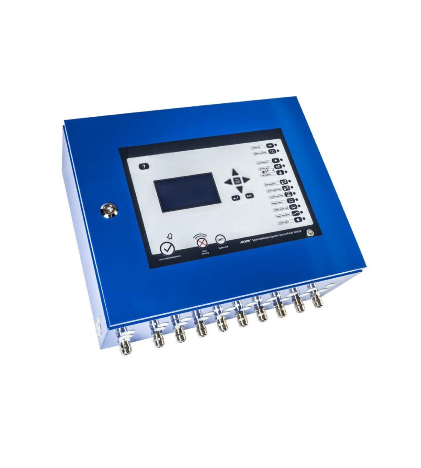 Blue industrial control panel with a central display and many terminal connectors along the bottom edge. (Informative)
