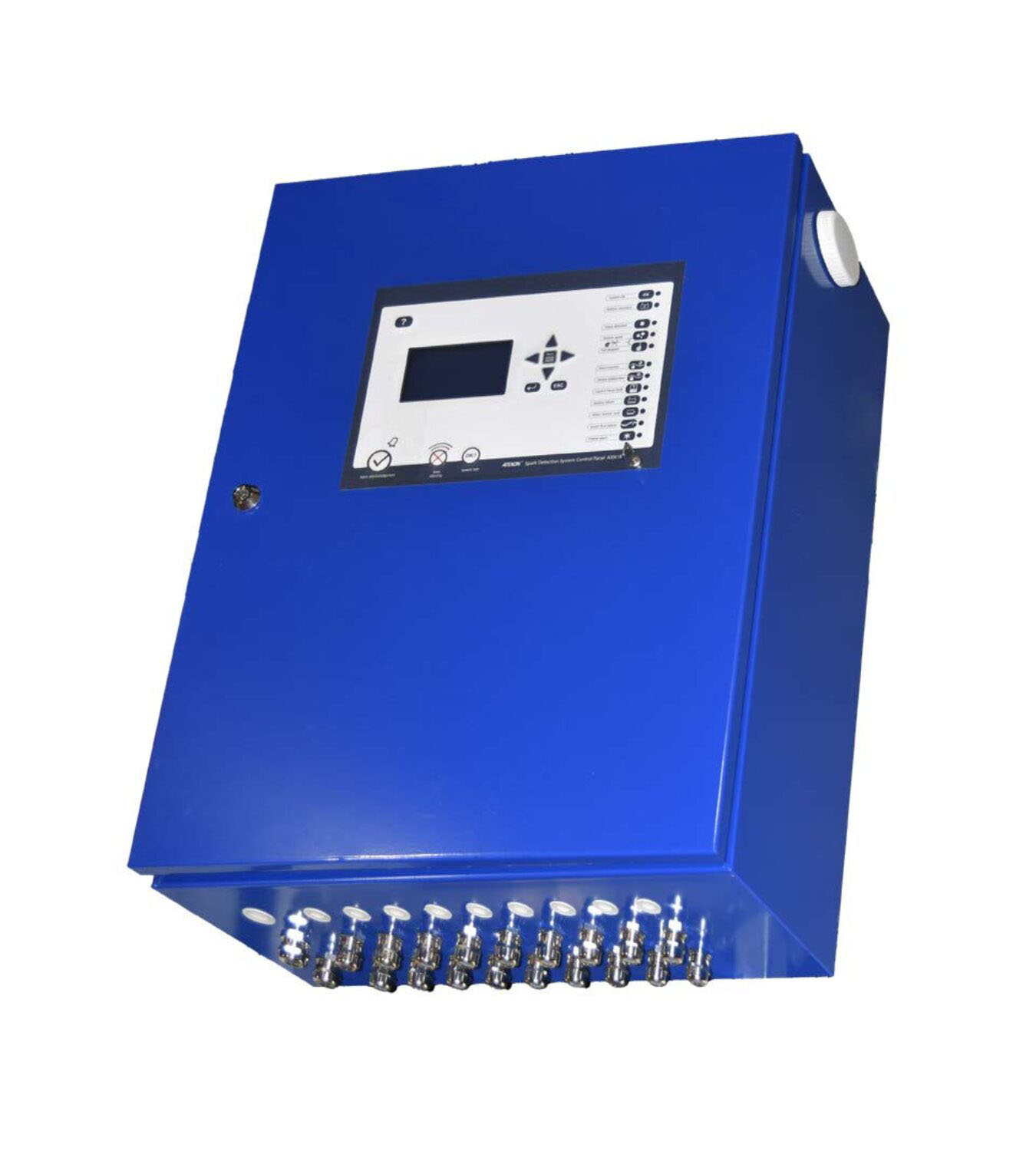 Blue industrial control panel with a small display screen and a dense row of terminal connectors along the bottom front.