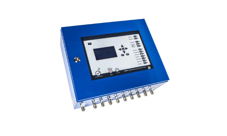 Blue industrial control unit with a touchscreen display and multiple terminal connectors along the bottom