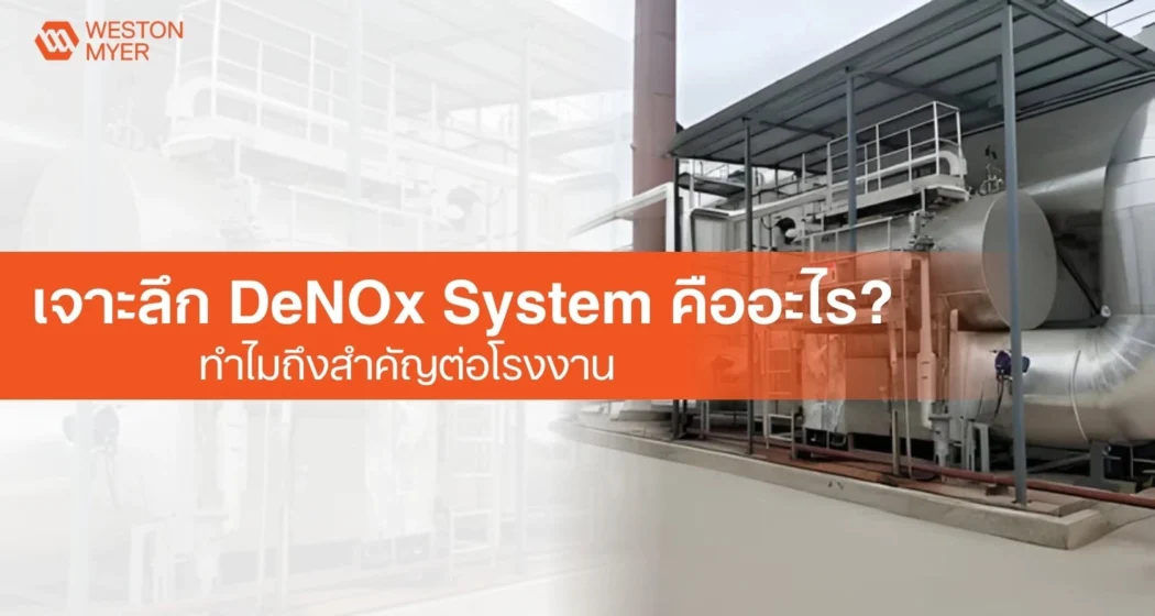 Hero image for Weston Myer article: orange title banner over an industrial plant background with Thai text about DeNOx System; Weston Myer logo top left.