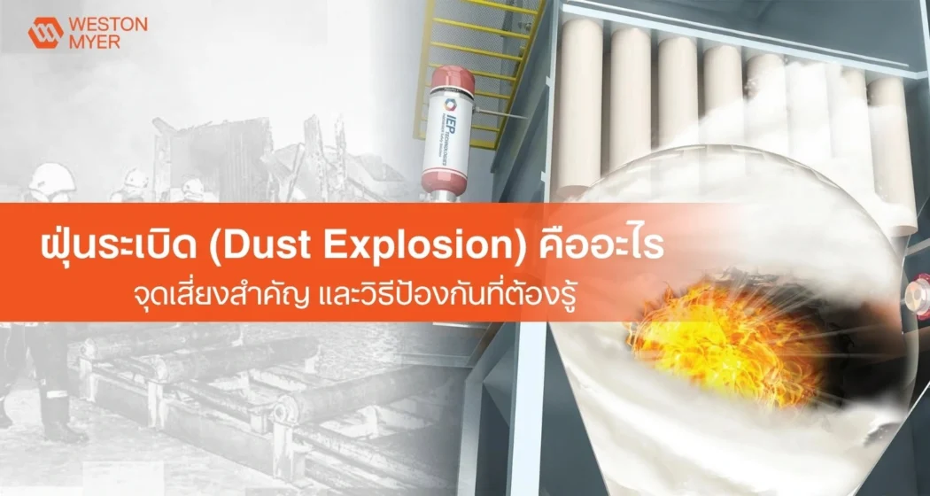 Safety banner about dust explosions with Thai title and Weston Myer logo, set in an industrial background with an explosion illustration.